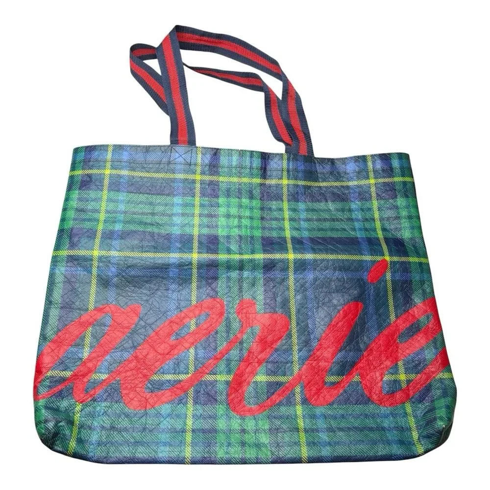 Lot of 2 American Eagle AE Aerie Reusable Shopping Tote Bag Carry Blue Plaid